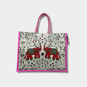 Jute Big Printed Shopping Bag With Pocket-Pink