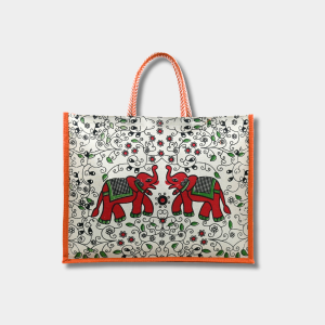Jute Big Printed Shopping Bag With Pocket-Orange