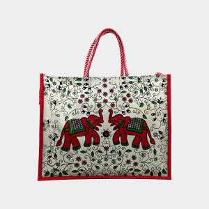 Jute Big Printed Shopping Bag With Pocket-Red