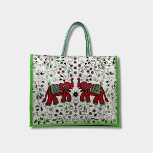 Jute Big Printed Shopping Bag With Pocket-Green