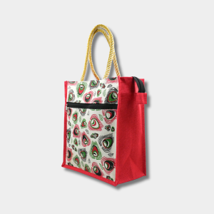 Jute Small Shopping Bag With Pocket-Red