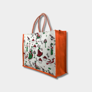 Jute Medium Printed Shopping Bag With Pocket-Orange