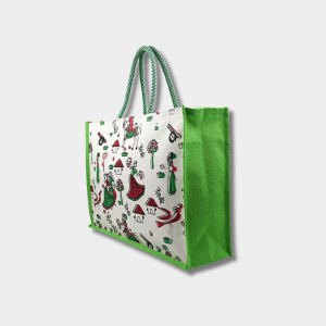 Jute Medium Printed Shopping Bag With Pocket-Green