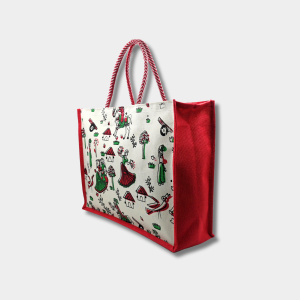 Jute Medium Printed Shopping Bag With Pocket-Red