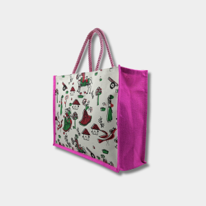 Jute Medium Printed Shopping Bag With Pocket-Pink